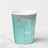 Aqua Blue Silver Glitter en Sparkle Monogram Papieren Bekers (Rechts)