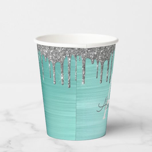 Aqua Blue Silver Glitter en Sparkle Monogram Papieren Bekers (Rechts)
