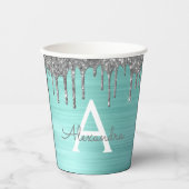 Aqua Blue Silver Glitter en Sparkle Monogram Papieren Bekers (Voorkant)