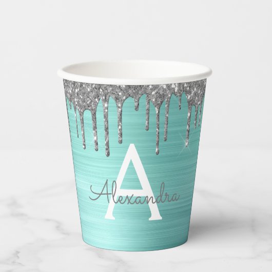 Aqua Blue Silver Glitter en Sparkle Monogram Papieren Bekers (Voorkant)