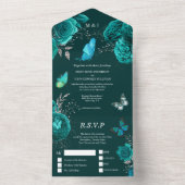Aqua Blue Silver roos elegant vlindergom All In One Uitnodiging (Binnen)