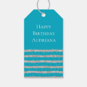 Aqua Blue Silver Sparkly Confetti Stripes Cadeaulabel (Voorkant)