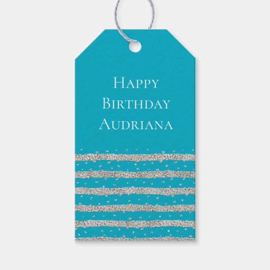 Aqua Blue Silver Sparkly Confetti Stripes Cadeaulabel (Voorkant)