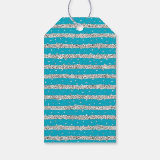 Aqua Blue Silver Sparkly Confetti Stripes Cadeaulabel (Achterkant)