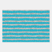 Aqua Blue Silver Sparkly Confetti Stripes Inpakpapier Vel (Voorkant)
