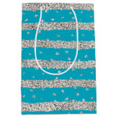 Aqua Blue Silver Sparkly Confetti Stripes Medium Cadeauzakje (Voorkant)