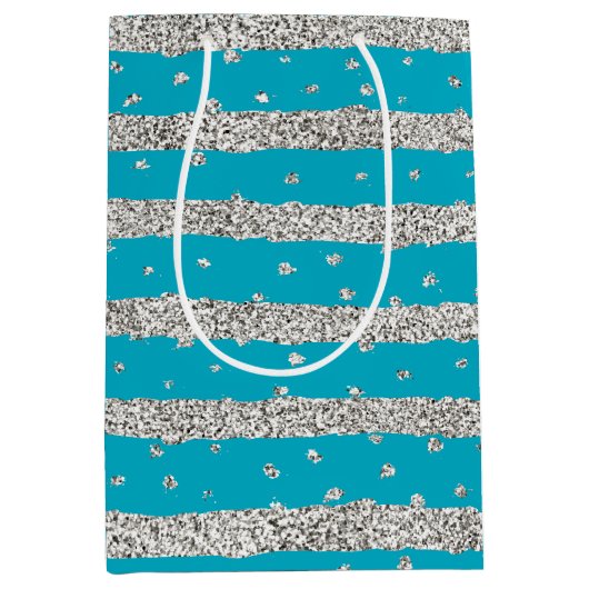 Aqua Blue Silver Sparkly Confetti Stripes Medium Cadeauzakje (Voorkant)