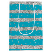 Aqua Blue Silver Sparkly Confetti Stripes Medium Cadeauzakje (Achterkant)