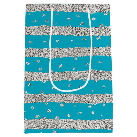 Aqua Blue Silver Sparkly Confetti Stripes Medium Cadeauzakje (Achterkant)