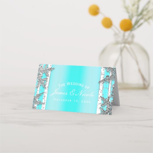 Aqua Blue & Silver Winter Sneeuwvlokken Party Zitp Plaatskaartje (Voorkant)