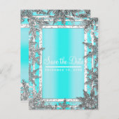 Aqua Blue & Silver Winter Sneeuwvlokken Save the D Aankondigingskaart (Voorkant / Achterkant)