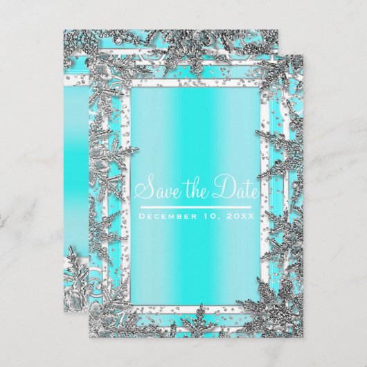Aqua Blue & Silver Winter Sneeuwvlokken Save the D Aankondigingskaart (Voorkant / Achterkant)