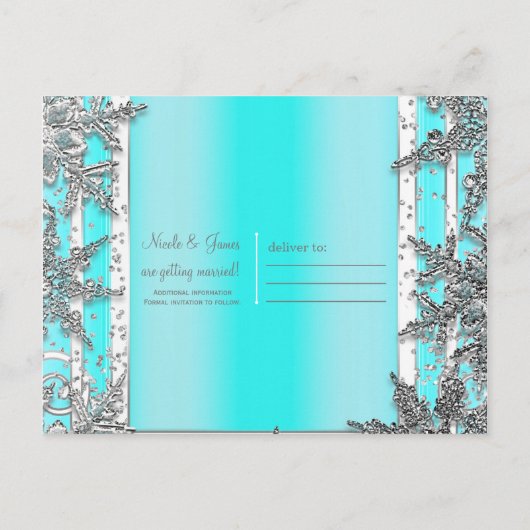 Aqua Blue & Silver Winter Sneeuwvlokken Save the D Aankondigingskaart (Achterkant)