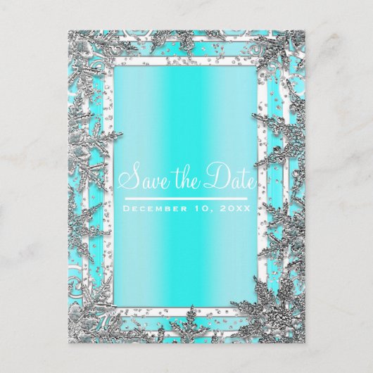 Aqua Blue & Silver Winter Sneeuwvlokken Save the D Aankondigingskaart (Voorkant)
