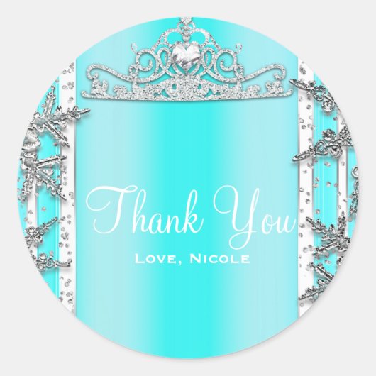 Aqua Blue & Silver Winter Sneeuwvlokken Sweet 16 Ronde Sticker (Voorkant)