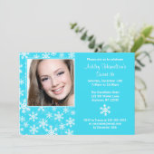 Aqua Blue Snowflakes Foto Sweet 16 Invitaties Kaart (Staand voorkant)