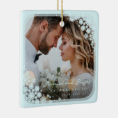 Aqua Blue Snowflakes Lijst Holiday Weddenfoto Keramisch Ornament (Rechts)
