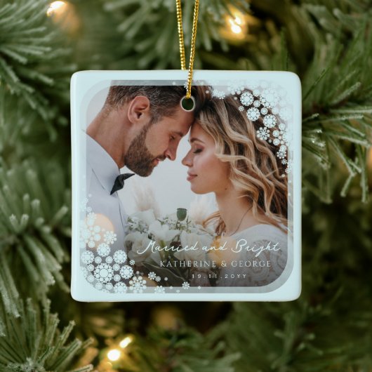 Aqua Blue Snowflakes Lijst Holiday Weddenfoto Keramisch Ornament (Boom)