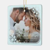 Aqua Blue Snowflakes Lijst Holiday Weddenfoto Keramisch Ornament (Links)