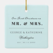 Aqua Blue Snowflakes Lijst Holiday Weddenfoto Keramisch Ornament (Achterkant)