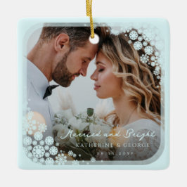 Aqua Blue Snowflakes Lijst Holiday Weddenfoto Keramisch Ornament