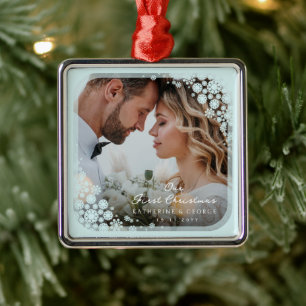Aqua Blue Snowflakes Lijst Holiday Weddenfoto Metalen Ornament