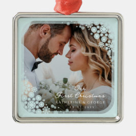 Aqua Blue Snowflakes Lijst Holiday Weddenfoto Metalen Ornament