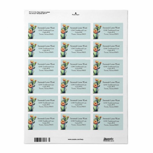 Aqua Blue Southwest Floral Cactus Desert Theme Etiket (Full Sheet)