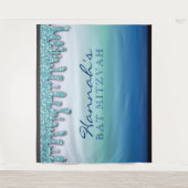 Aqua Blue Sparkle Drippy Drip Bat Mitzvah Achtergr Wandkleed (Voorkant)