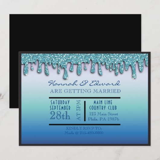 Aqua Blue Sparkle Drippy Drip bruiloft Kaart (Voorkant / Achterkant)