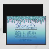 Aqua Blue Sparkle Drippy Drip Sweet Sixteen Party Kaart (Voorkant / Achterkant)