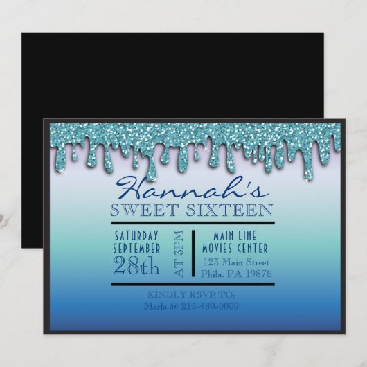 Aqua Blue Sparkle Drippy Drip Sweet Sixteen Party Kaart (Voorkant / Achterkant)