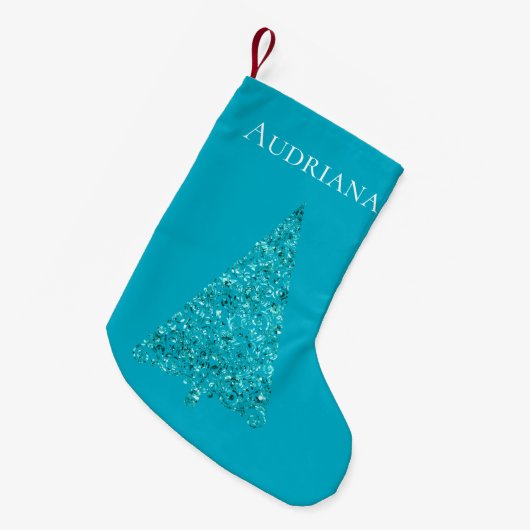 Aqua Blue Sparkle Kerstboom Naam Kleine Kerstsok (Voorkant (Hangend))