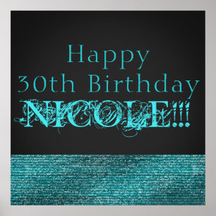 Aqua Blue Sparkle Modern Glam Sequins Party Banner Poster
