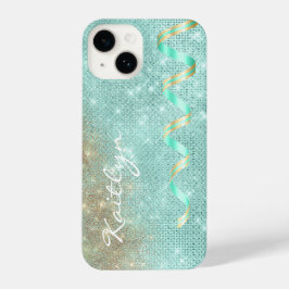 Aqua Blue Sparkle Ribbon Glam iPhone 14 Hoesje