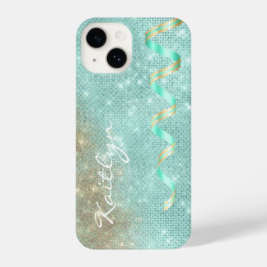 Aqua Blue Sparkle Ribbon Glam iPhone Hoesje (Achterkant)