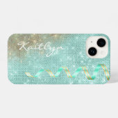 Aqua Blue Sparkle Ribbon Glam iPhone Hoesje (Achterkant horizontaal)