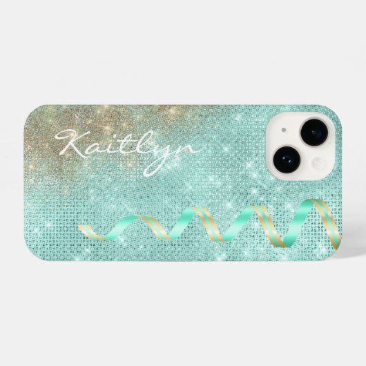 Aqua Blue Sparkle Ribbon Glam iPhone Hoesje (Achterkant horizontaal)