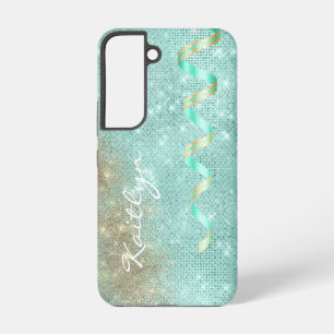 Aqua Blue Sparkle Ribbon Glam Samsung Galaxy Hoesje