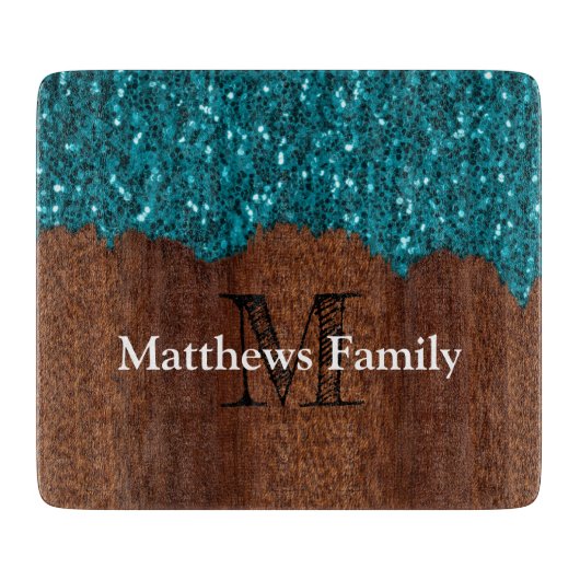 Aqua blue sparkle rustige houtfamilie Monogram deu Snijplank (Voorkant)