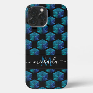 Aqua blue sparkles diamantgeometrisch Monogram iPhone 13 Pro Max Hoesje