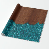 Aqua blue sparkles glitter rustige bruin hout cadeaupapier (Uitgerold)