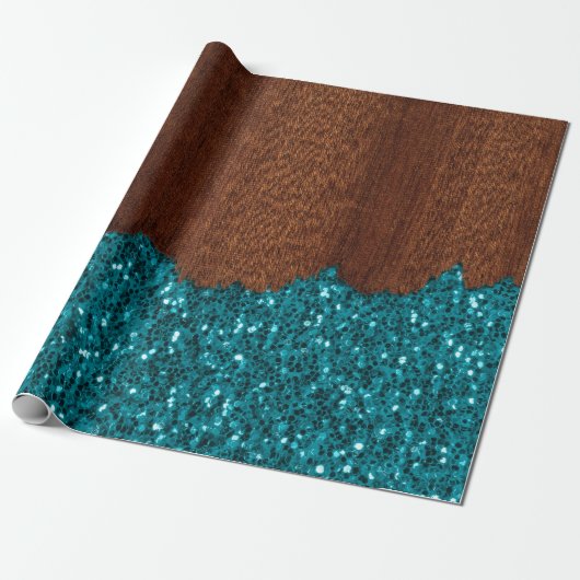 Aqua blue sparkles glitter rustige bruin hout cadeaupapier (Uitgerold)