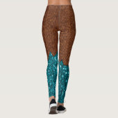 Aqua blue sparkles glitter rustige bruin hout leggings (Achterkant)