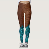Aqua blue sparkles glitter rustige bruin hout leggings (Voorkant)