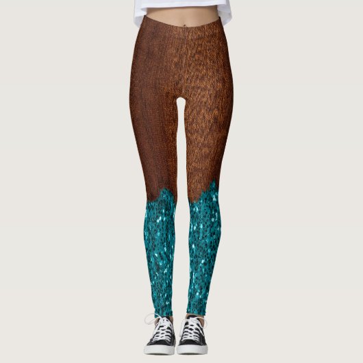 Aqua blue sparkles glitter rustige bruin hout leggings (Voorkant)