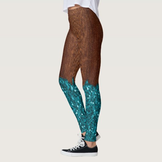 Aqua blue sparkles glitter rustige bruin hout leggings (Links)