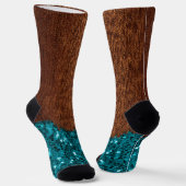 Aqua blue sparkles glitter rustige bruin hout sokken (Gebogen)