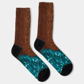 Aqua blue sparkles glitter rustige bruin hout sokken (Rechts)