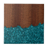Aqua blue sparkles glitter rustige bruin hout tegeltje (Voorkant)